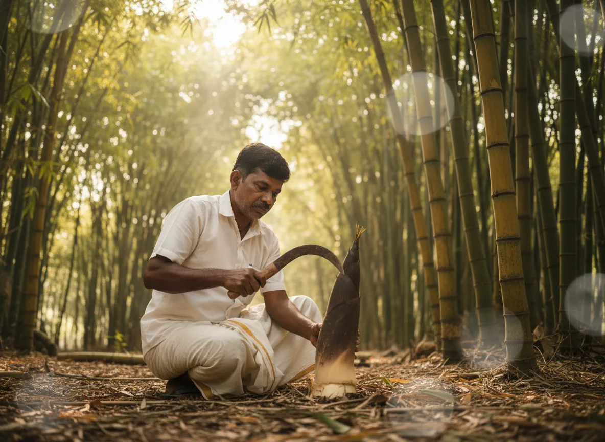 A farmer in a Thanjavur bamboo grove carefully harvesting a large, fresh edible bamboo shoot from the base of a clump.