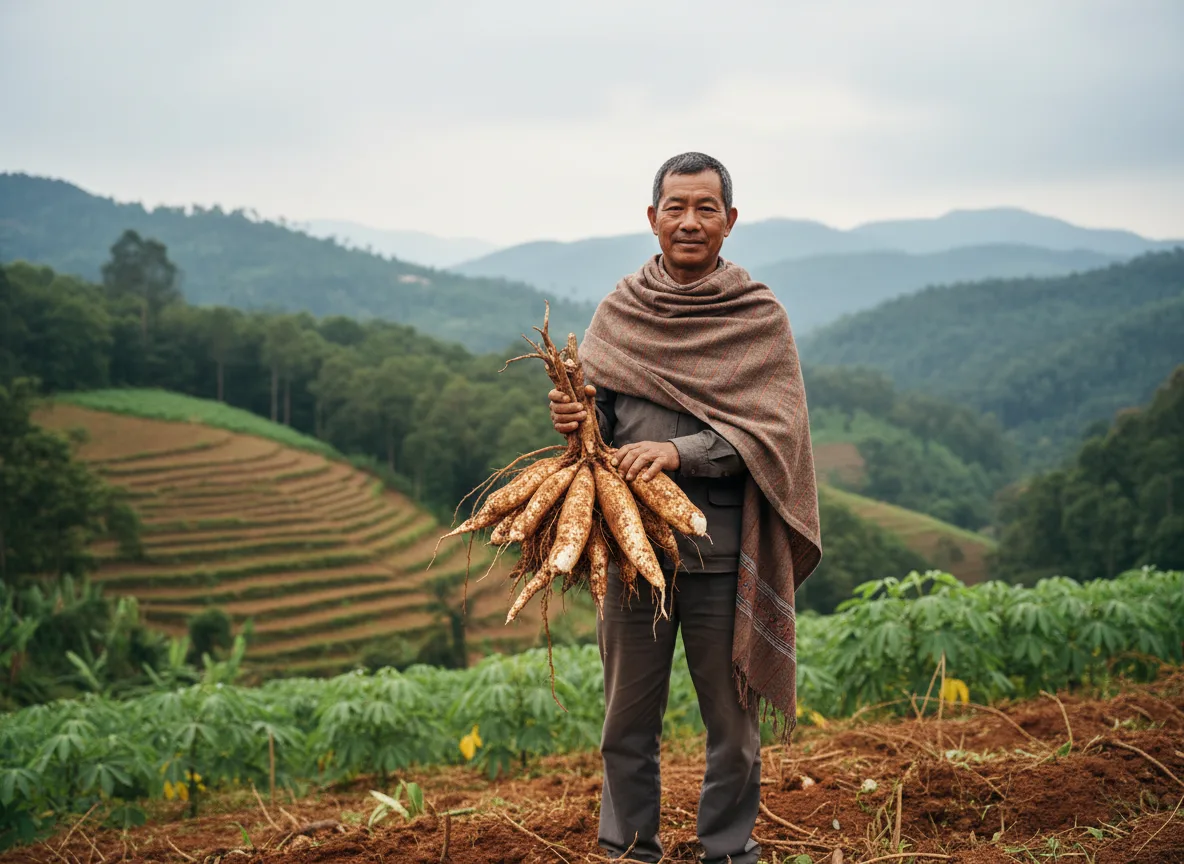 A farmer in Mizoram holds a large bunch of freshly harvested tapioca (cassava) tubers on his hillside farm.