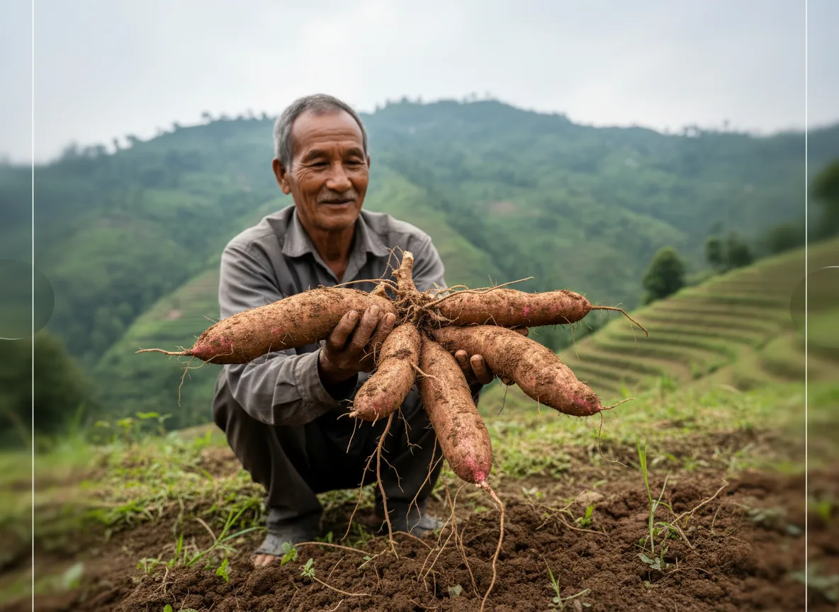 A farmer in Sikkim proudly displays a large bunch of freshly harvested tapioca tubers in a terraced field.