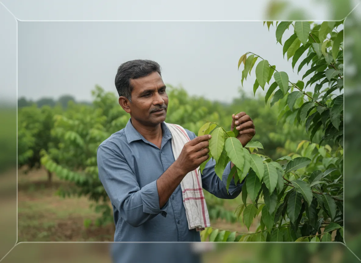 A farmer in Chhattisgarh inspects the healthy green leaves of a Cinnamomum tamala (Tej Patta) tree in his plantation.