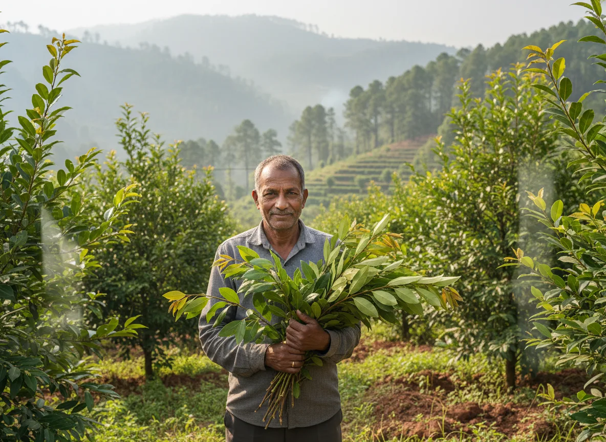 A Himachali farmer in his terraced plantation holding freshly harvested Tej Patta (Indian bay leaf) branches.