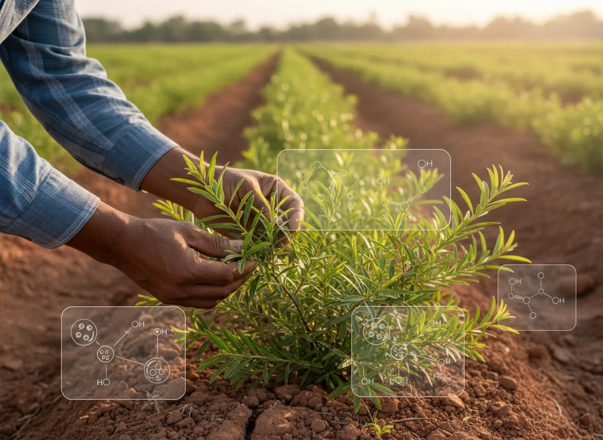 A farmer's hands inspecting the green, needle-like leaves of a Rooibos plant growing in a field in Telangana.
