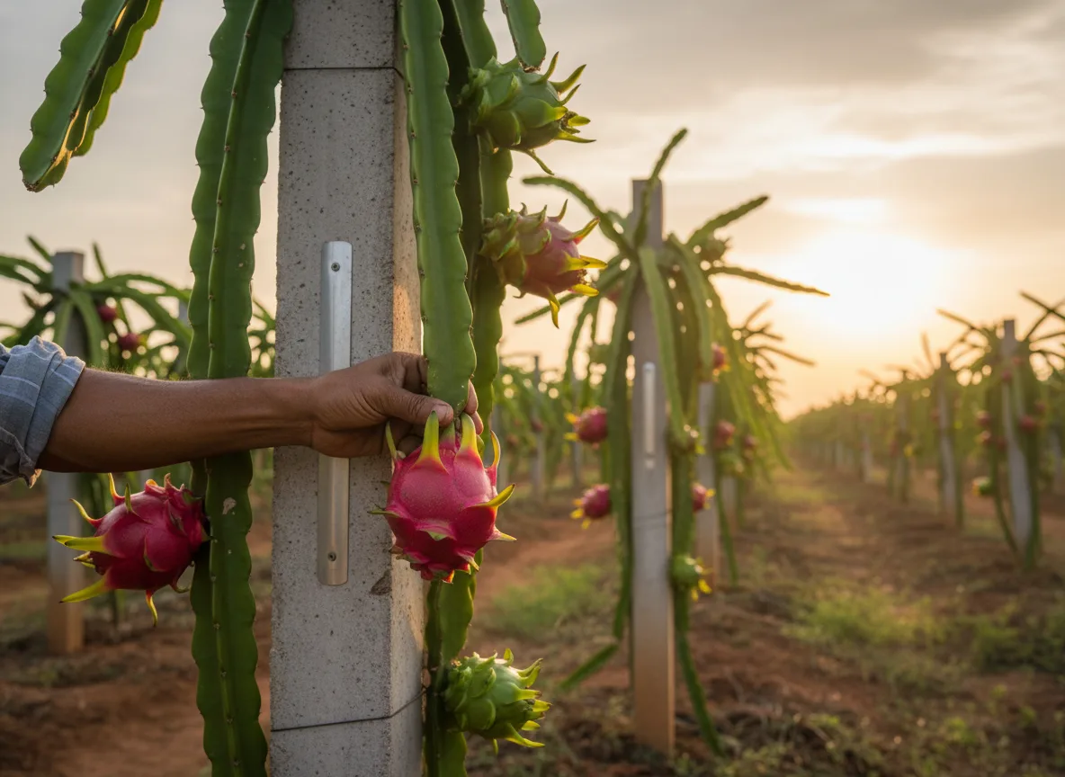 A farmer in coastal Andhra Pradesh harvesting a ripe, pink dragon fruit from a vine on a concrete trellis system at sunrise.