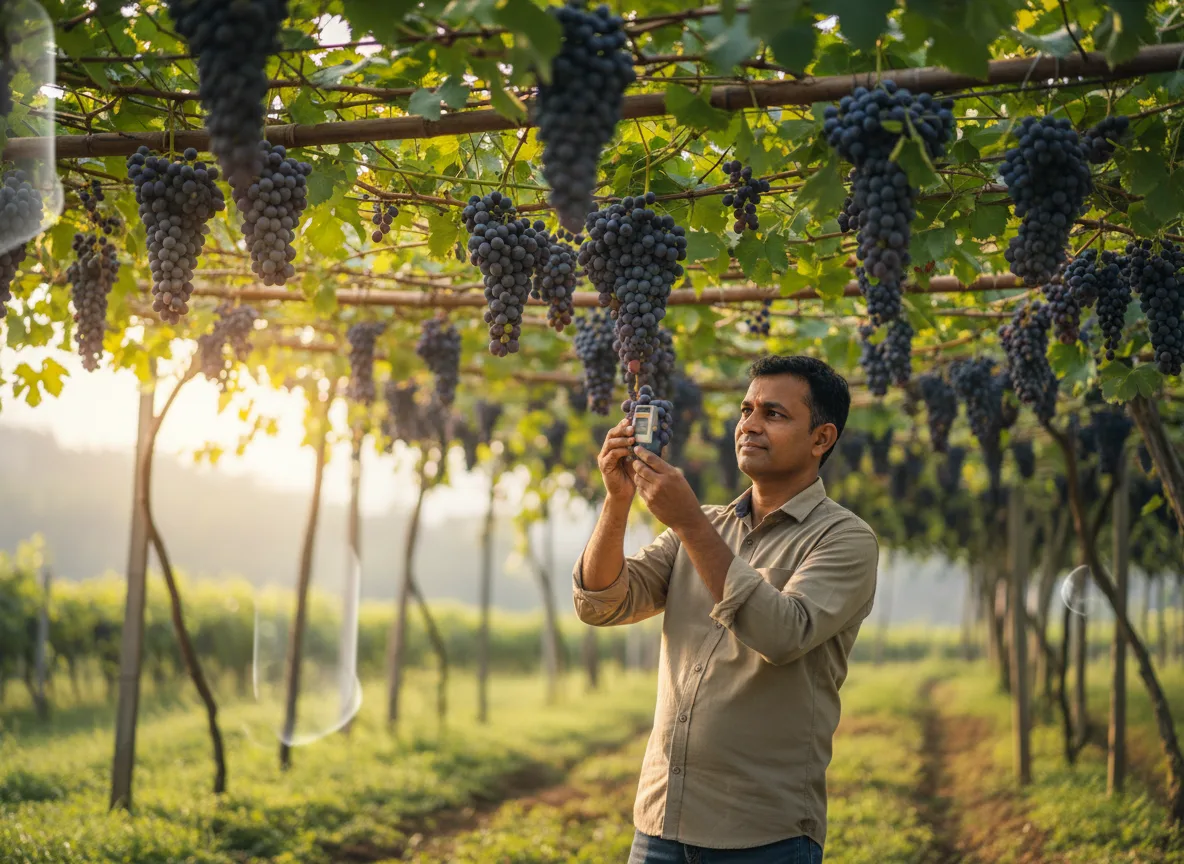 A farmer inspects ripe purple grapes in his vineyard in the hills of Tripura, which uses a high trellis system.