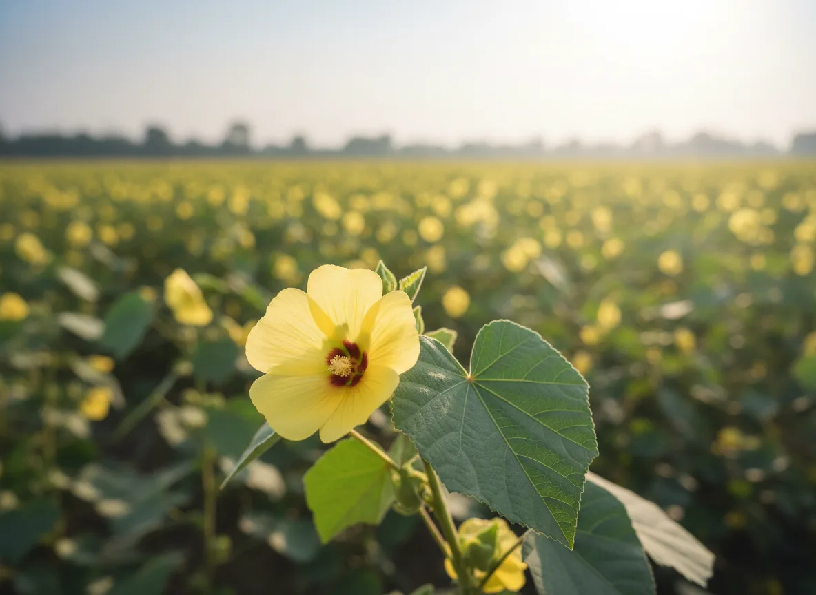 A healthy yellow Abutilon indicum flower and leaf, part of a crop growing in a field in Chhattisgarh.