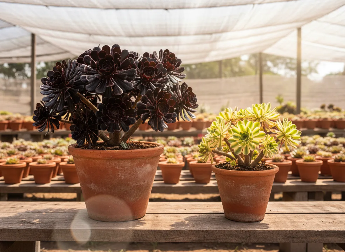 A healthy Aeonium 'Zwartkop' and 'Kiwi' in terracotta pots at a nursery in Indore, showing successful cultivation.