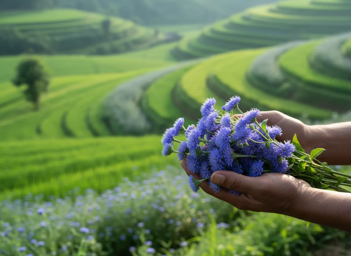 A farmer in Nagaland holding a bunch of freshly cut blue Ageratum flowers, with terraced fields in the background.