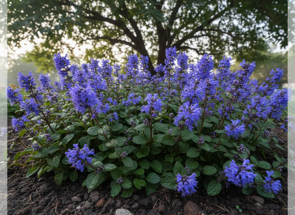 A dense, healthy patch of Ajuga 'Chocolate Chip' with blue flower spikes growing in the dappled shade of a garden in Nagpur.