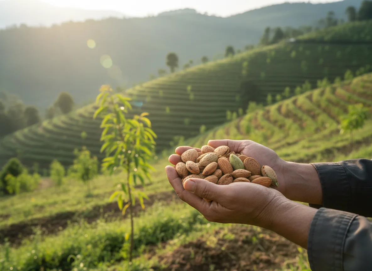 A farmer holds a handful of in-shell almonds, with a young almond orchard on a terraced Mizoram hillside in the background.