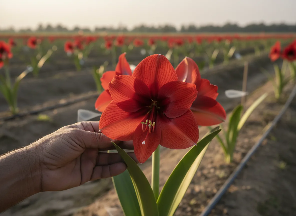 A farmer's hand inspecting a vibrant red Amaryllis flower growing in a commercial field in Saurashtra, India.