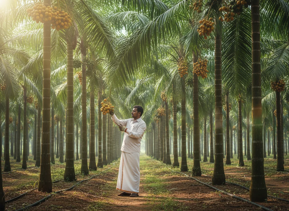 A farmer inspecting a healthy bunch of areca nuts in a well-managed plantation in an Indian delta district.