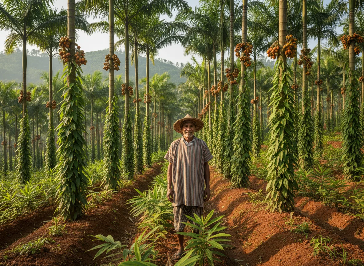 Sikkimese farmer standing in his mature arecanut plantation, with intercrops of black pepper and ginger.