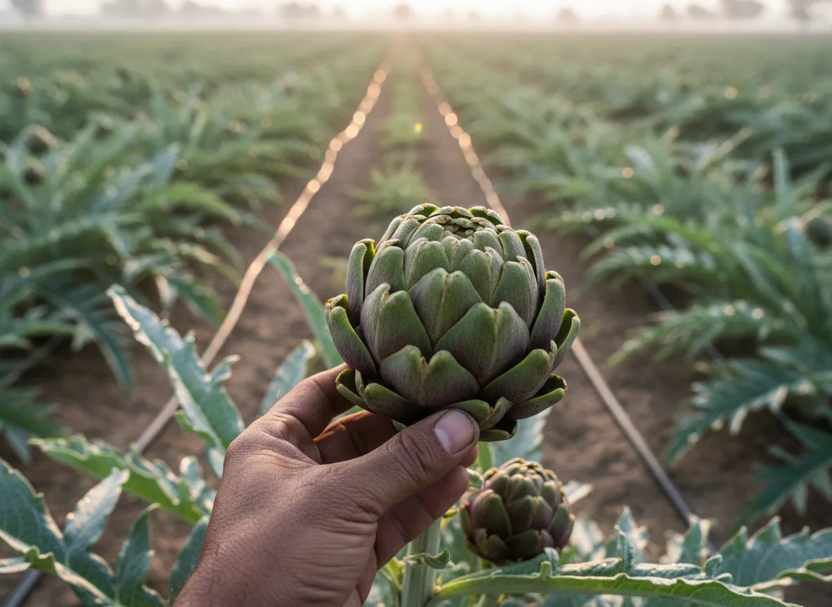 A farmer's hand inspecting a large, healthy artichoke bud ready for harvest in a field in Anand, Gujarat.