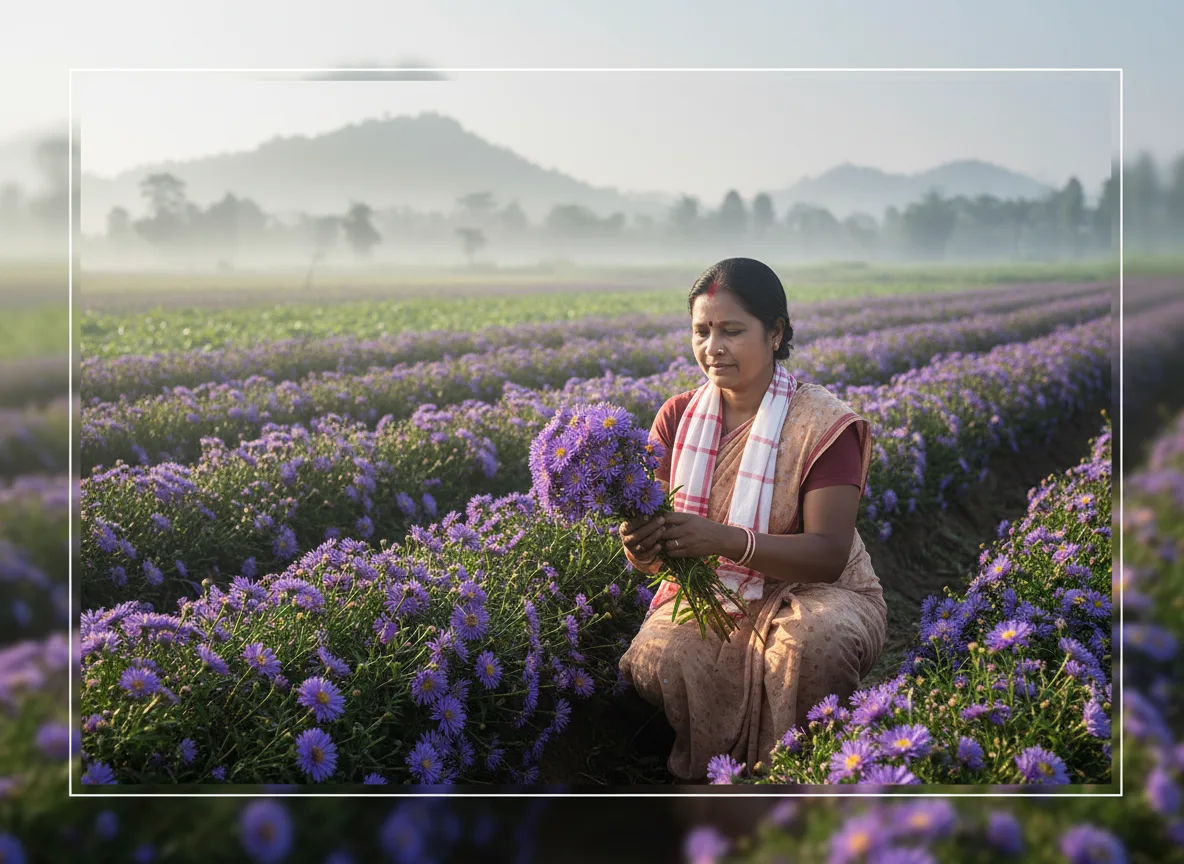 A woman farmer in Assam carefully harvesting purple Aster flowers from a thriving field in the Brahmaputra Valley.