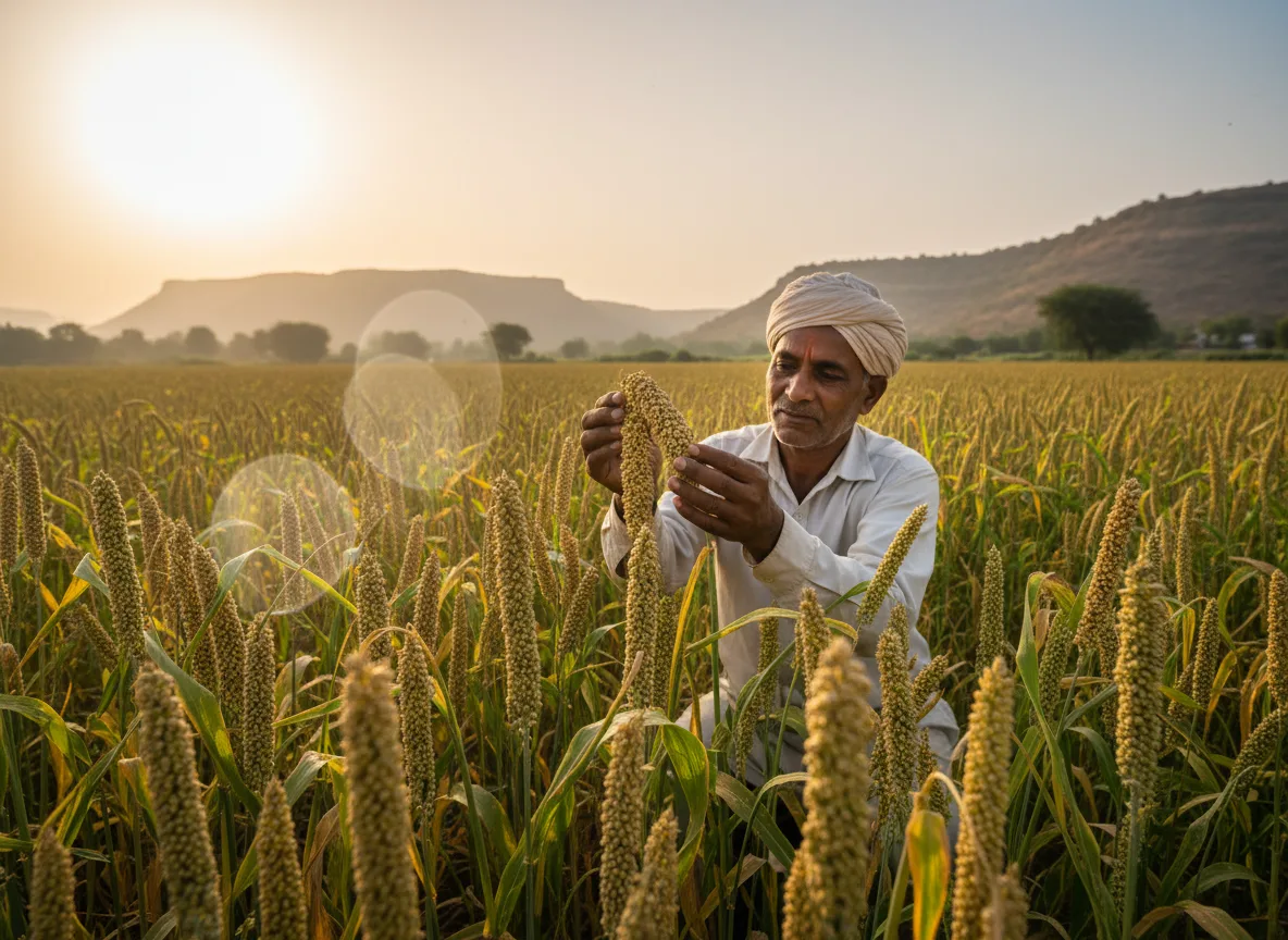 A farmer in a Nashik field inspects a ripe earhead of pearl millet (bajra) at sunset, with golden fields and hills in the background.