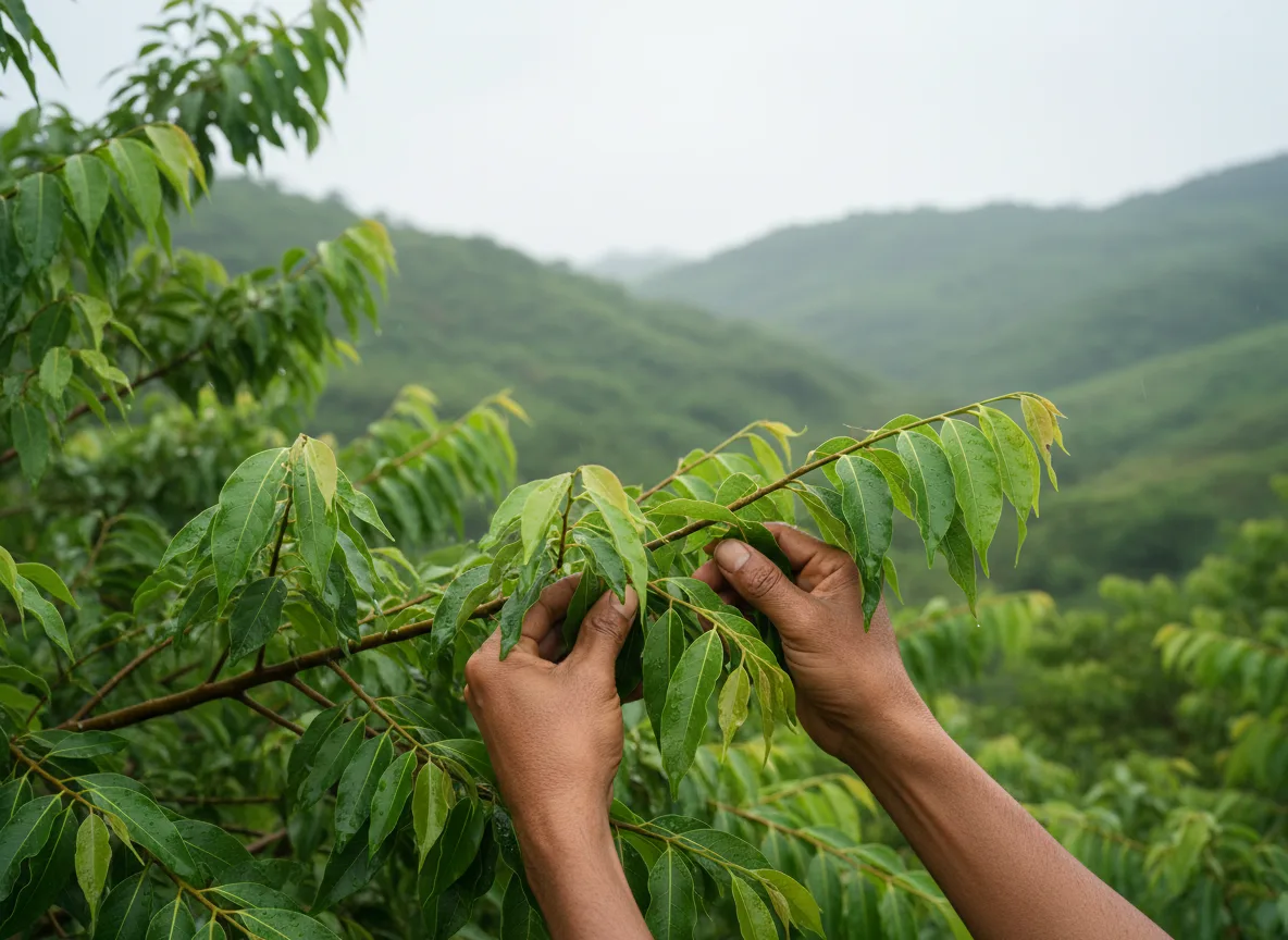A farmer in Jharkhand carefully harvests fresh, green Tej Patta leaves from a healthy bay leaf tree.