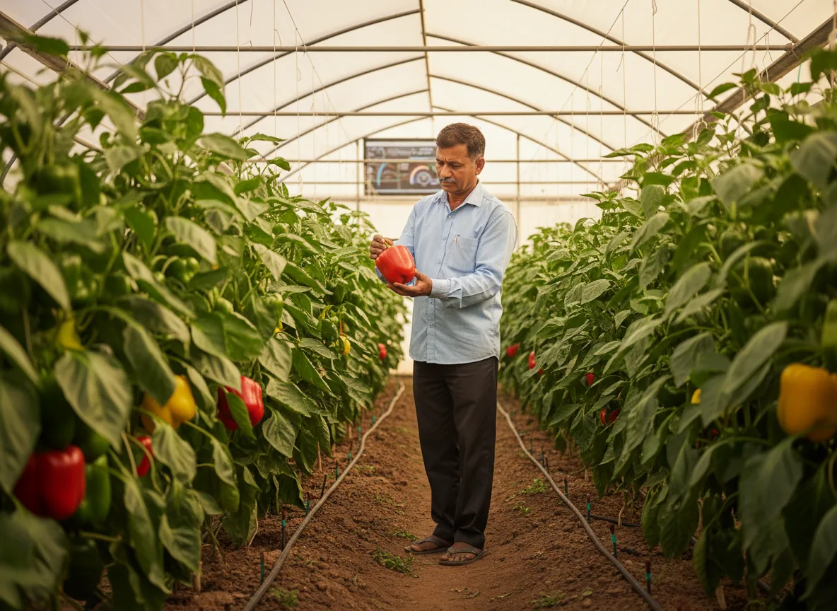A farmer in a Karnataka polyhouse inspecting a mature red bell pepper on a healthy plant, showcasing successful cultivation.