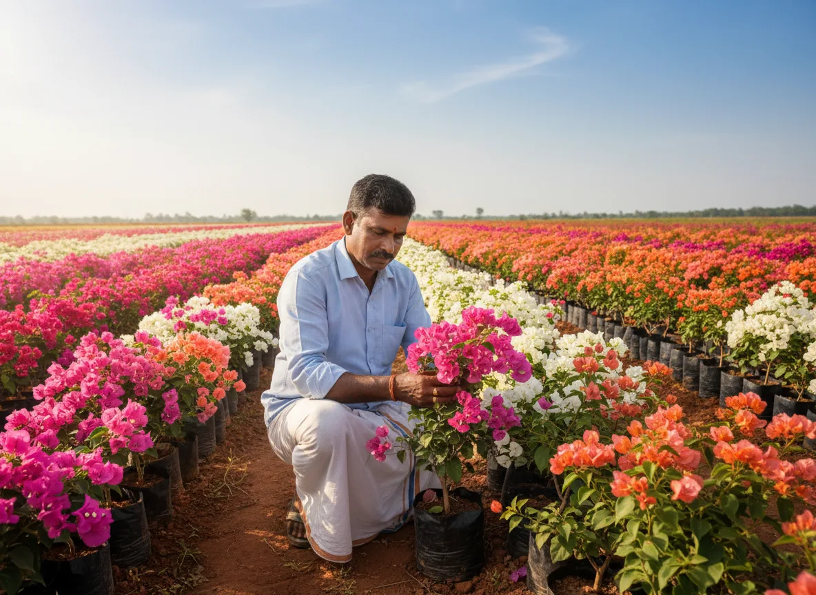 A farmer in the Cauvery Basin inspecting a bright pink bougainvillea plant in his sprawling, sunlit nursery.