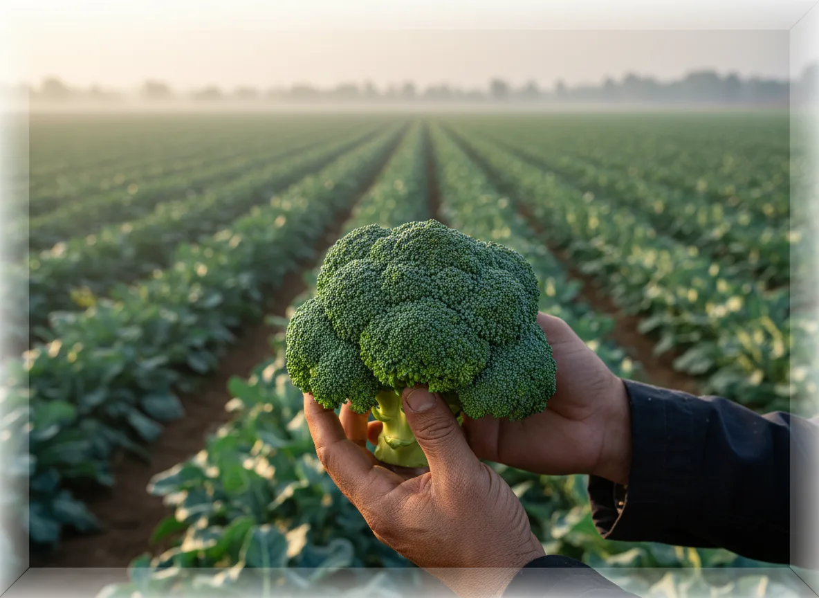 A farmer holds a large, freshly harvested broccoli head, with rows of broccoli plants in the field behind.
