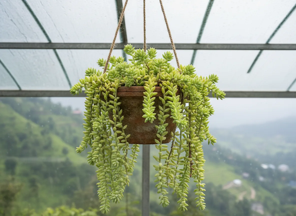 A lush Burro's Tail succulent with long, trailing stems in a terracotta pot hanging inside a polyhouse in Sikkim.