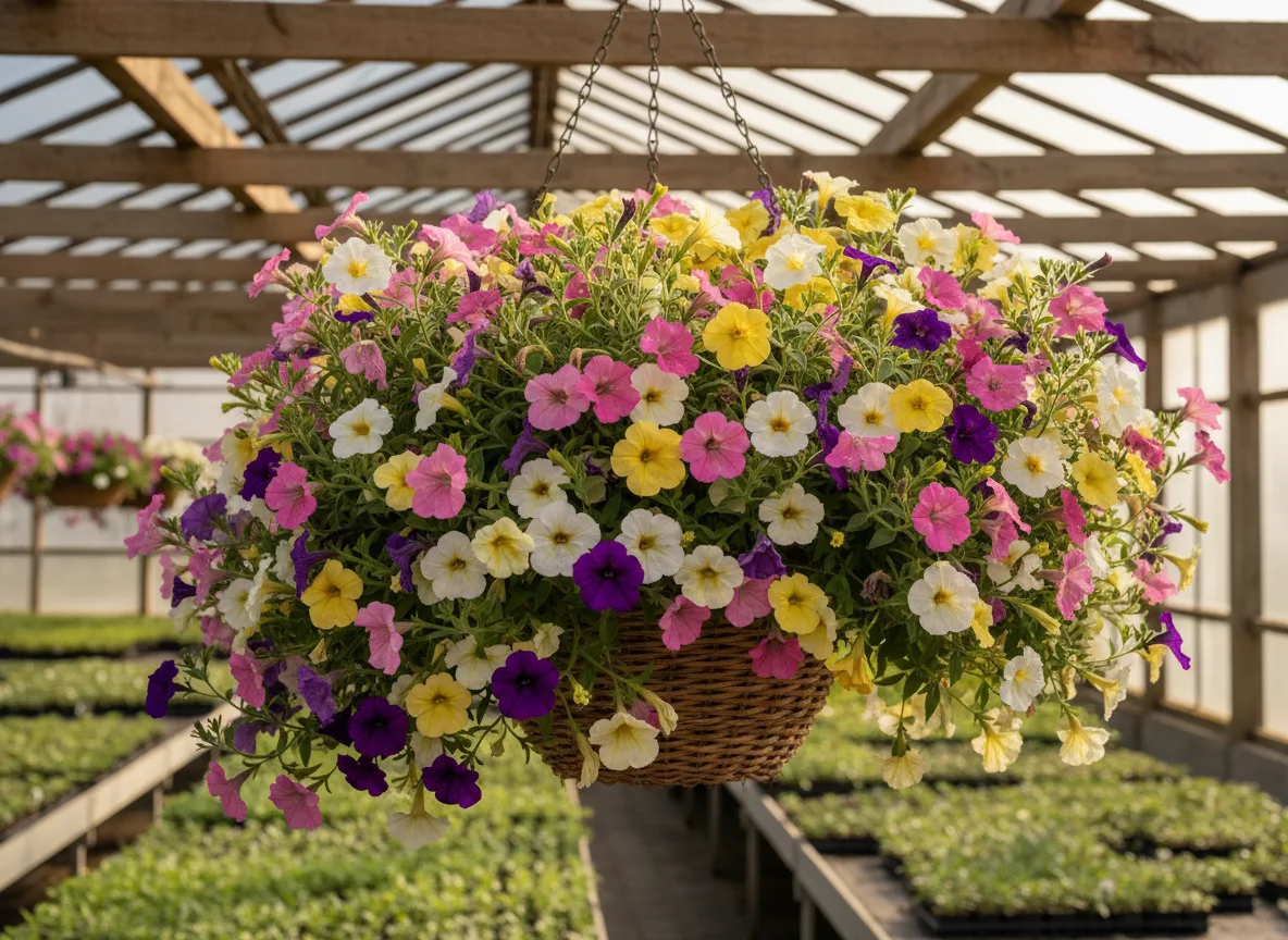 A healthy, multi-colored Calibrachoa hanging basket blooming profusely in a nursery setting in Gujarat, India.