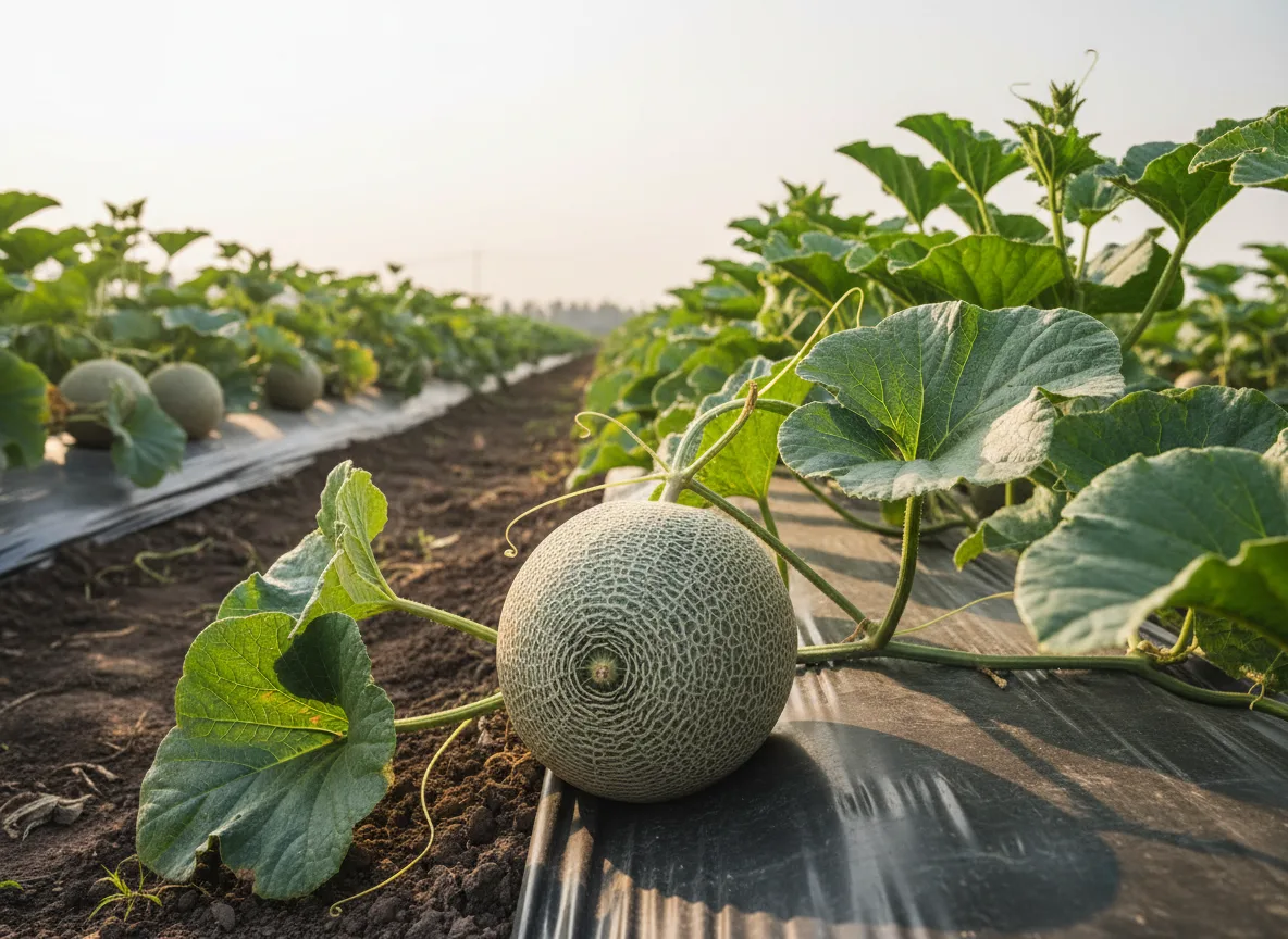 A ripe, netted cantaloupe melon resting on the soil in a well-managed field in Guntur, India.