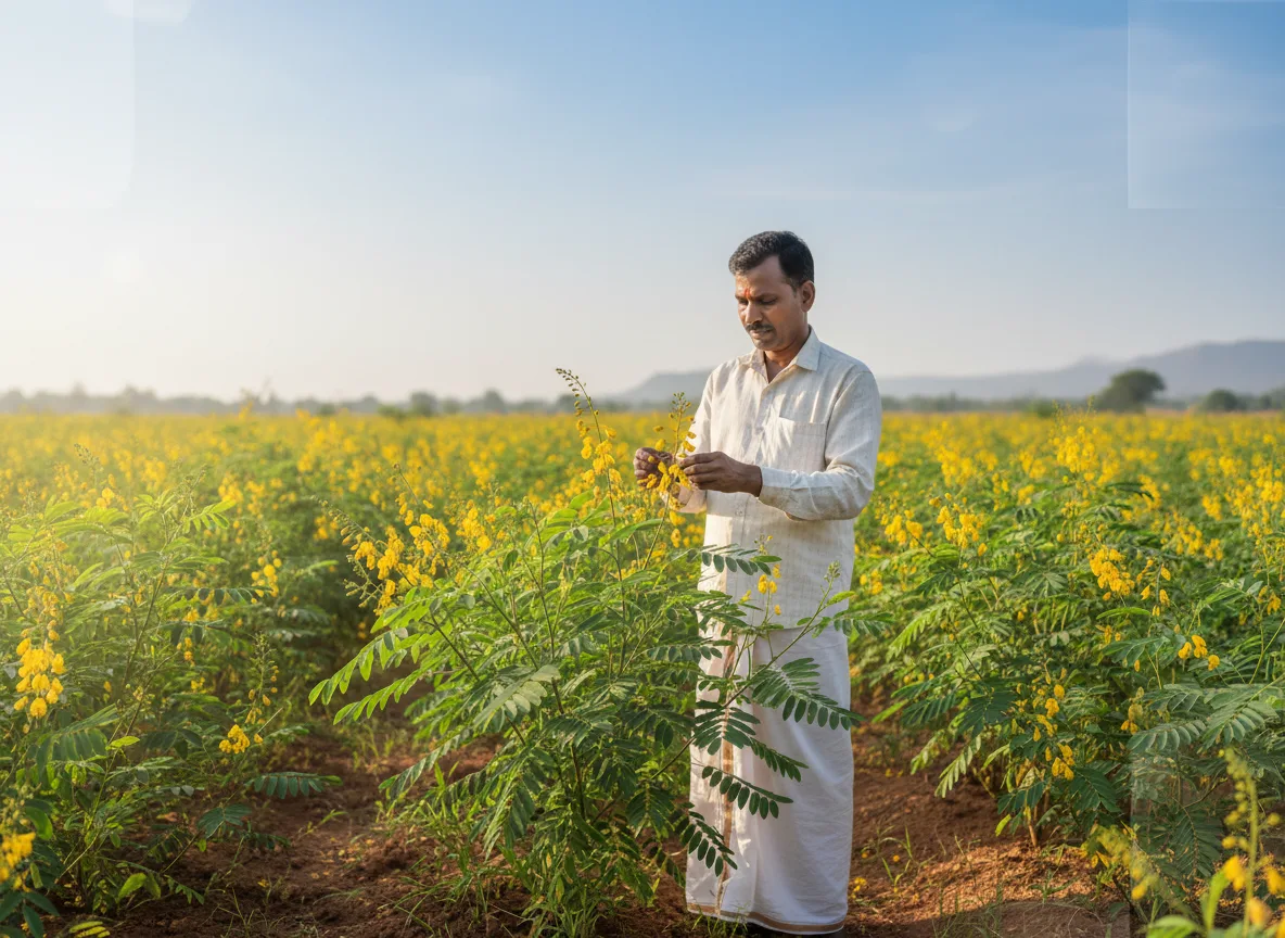 A farmer in a field of green Cassia (Senna) plants with yellow flowers, inspecting the leaves under the bright Telangana sun.