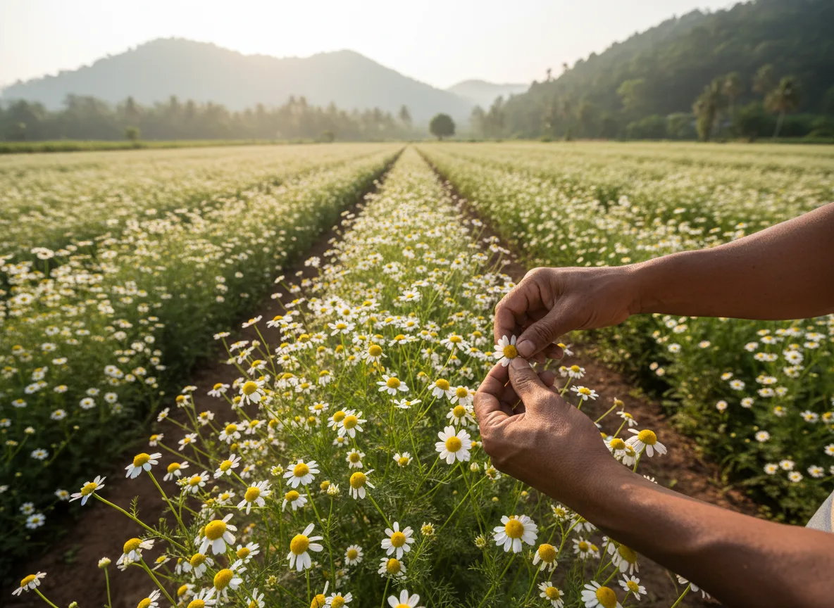 A farmer in Tripura carefully hand-picking German chamomile flowers in a field during a sunny morning.