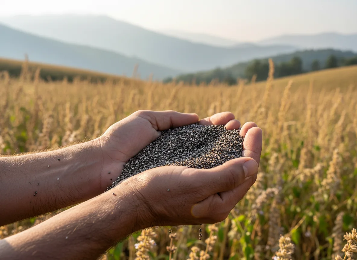 A farmer's hands holding a handful of harvested chia seeds, with a chia field in Himachal Pradesh in the background.
