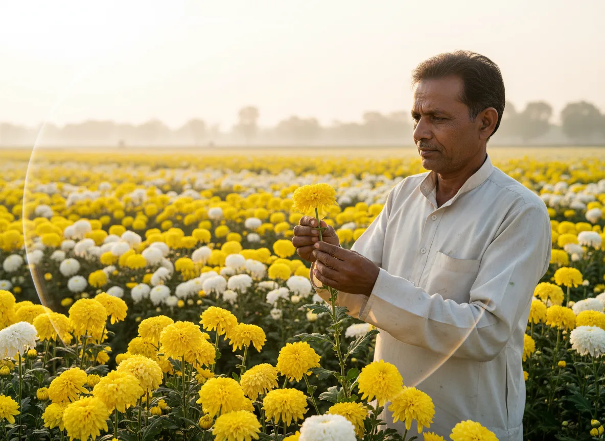 An Indian farmer inspecting a bright yellow chrysanthemum in his flourishing field in Agra, a symbol of successful floriculture.