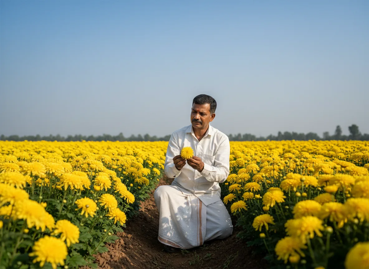 A farmer in North Karnataka inspecting a yellow chrysanthemum flower in his sun-drenched field.