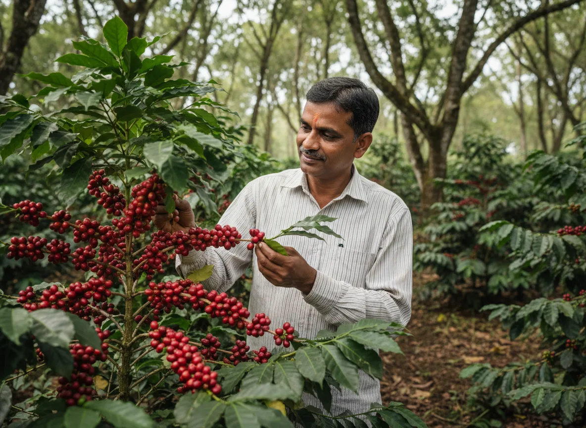 An experienced farmer inspects ripe red Arabica coffee cherries on a plant in a shaded plantation in Belagavi, Karnataka.