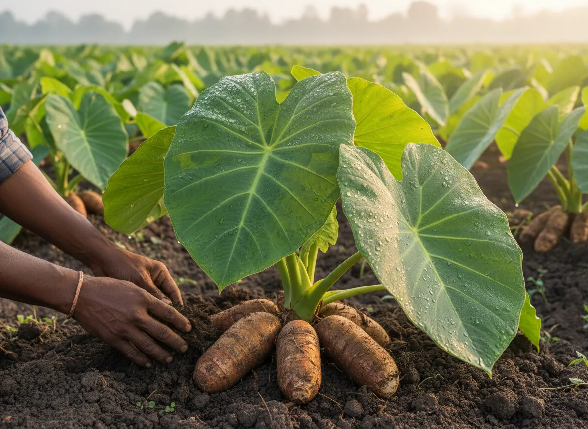 A farmer harvesting fresh Colocasia (Seppankizhangu) corms from rich soil in a field in Tamil Nadu.