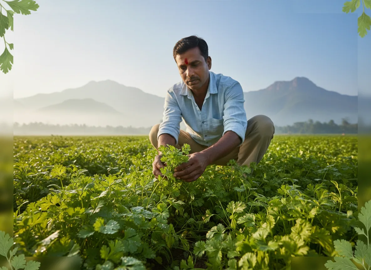 A farmer inspects a lush, green field of coriander plants under the morning sun in Coimbatore.