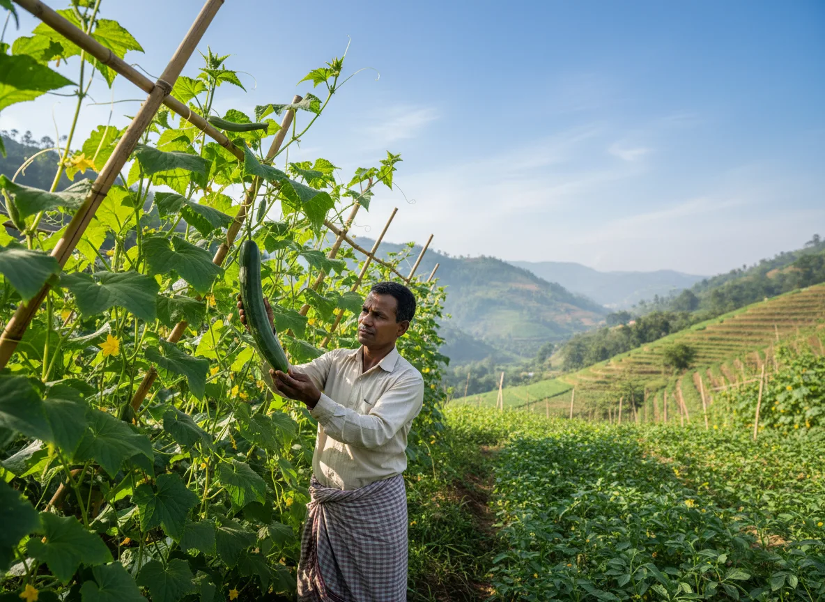 A farmer in Manipur inspecting a healthy cucumber crop growing on a bamboo trellis in a terraced field.