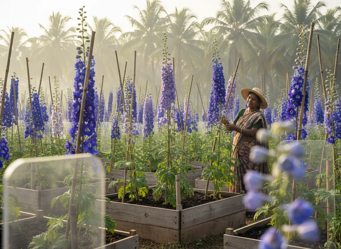 Tall blue and purple Delphinium flower spikes growing in neat rows on a farm in the Konkan region of India.