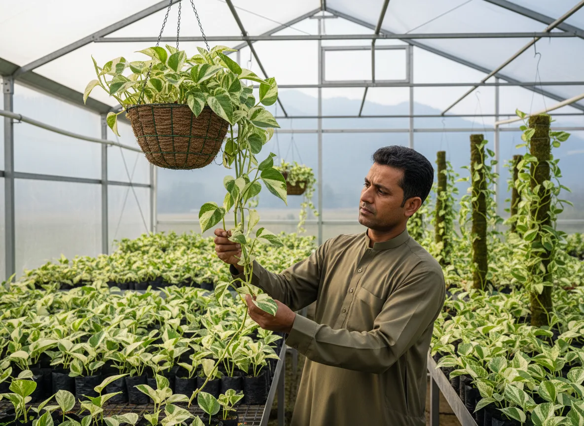 A grower inside a polyhouse in Jammu & Kashmir tending to lush, hanging Devil's Ivy plants.