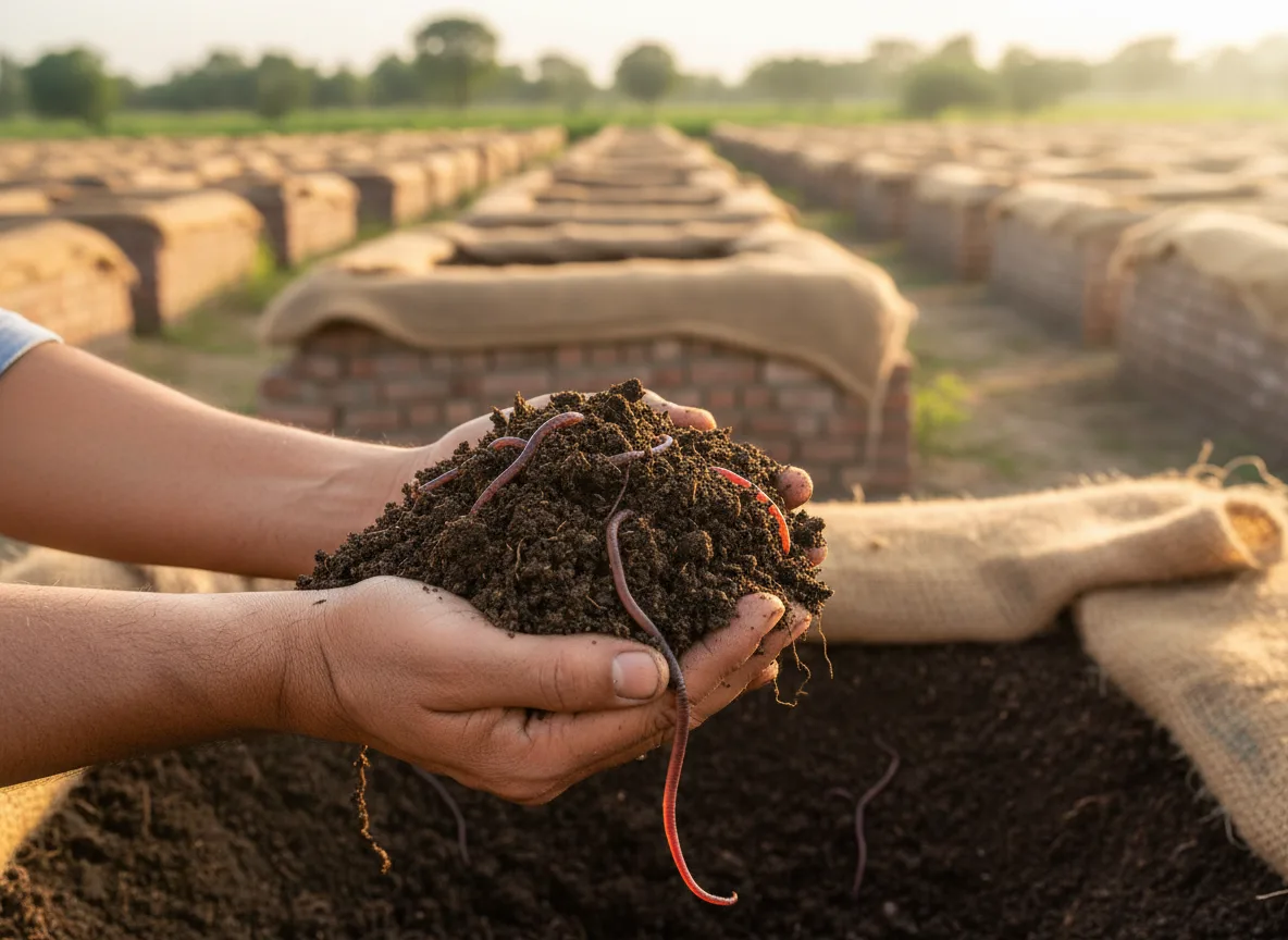 Farmer in Banaskantha holding a handful of rich vermicompost teeming with Eisenia fetida earthworms.
