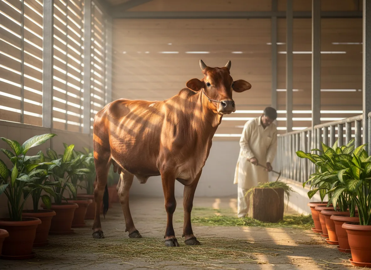 A healthy Gir cow with its characteristic rounded forehead stands in a clean, well-maintained dairy shed in Madhya Pradesh.