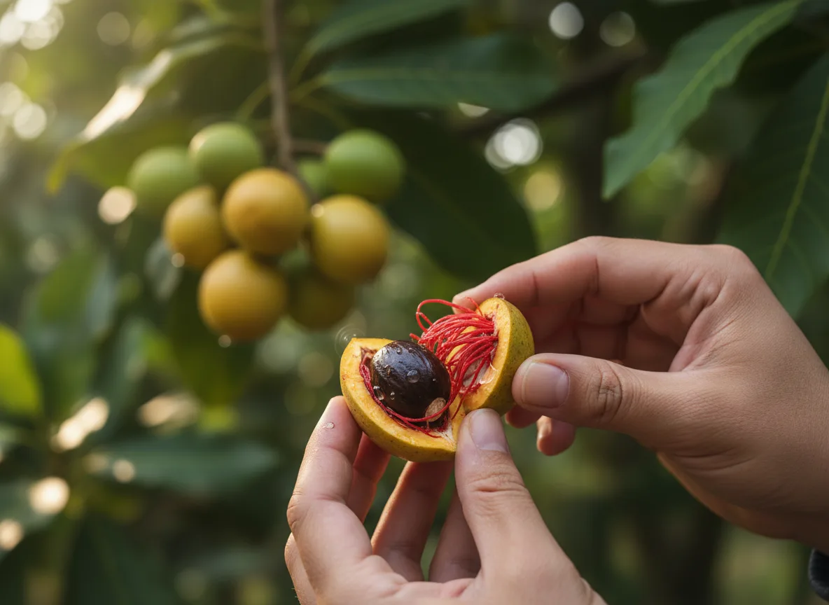 A farmer's hands carefully separating the bright red mace (javitri) from a nutmeg seed in a plantation.