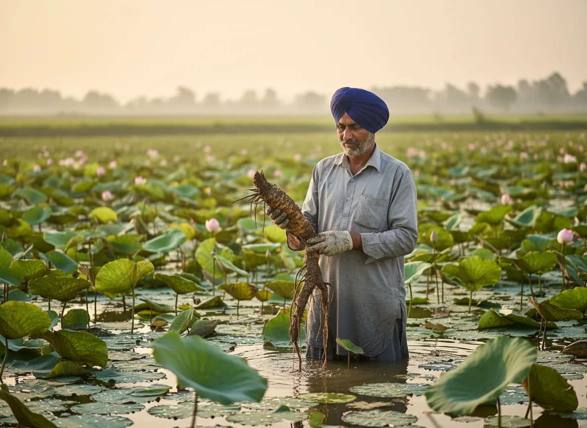 A farmer in Punjab stands in a lotus pond, harvesting a fresh lotus rhizome (Kamal Kakdi) in the morning light.