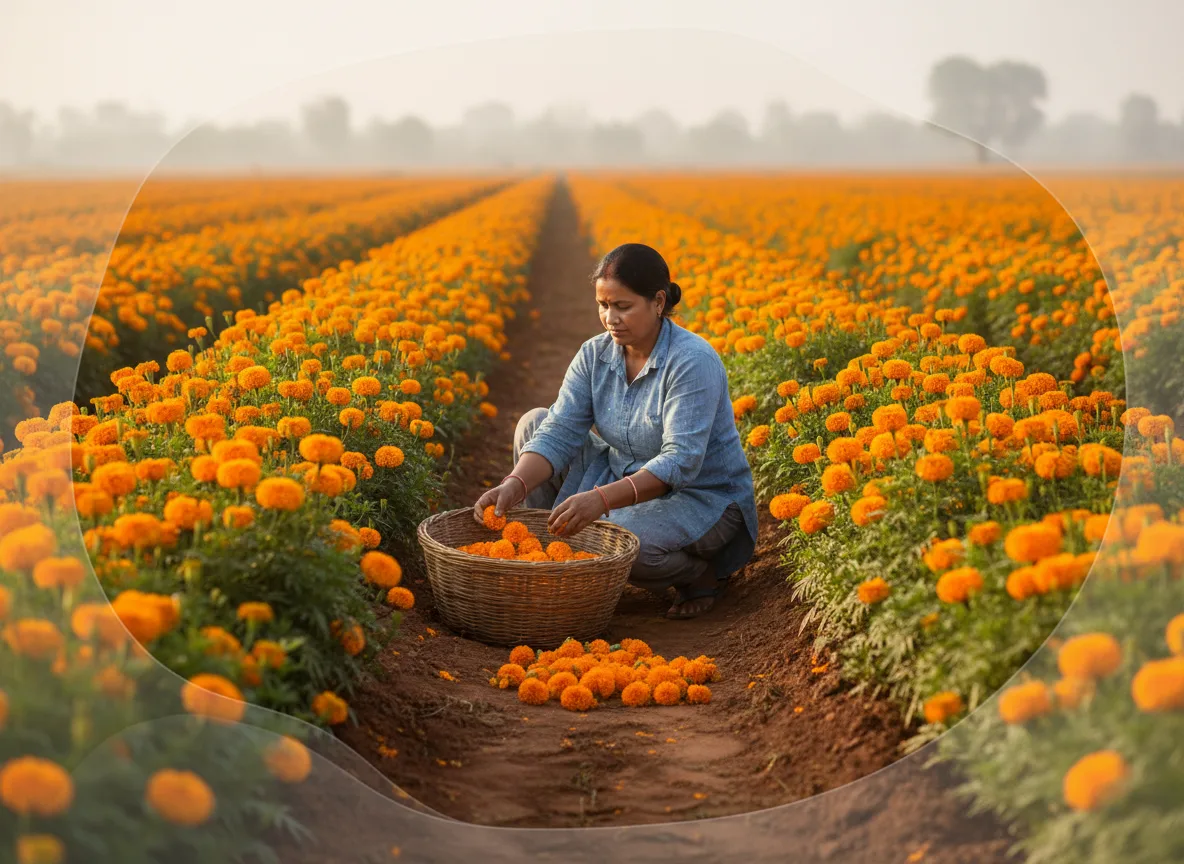 A farmer harvesting bright orange marigolds from a vast field on the Deccan Plateau under the morning sun.