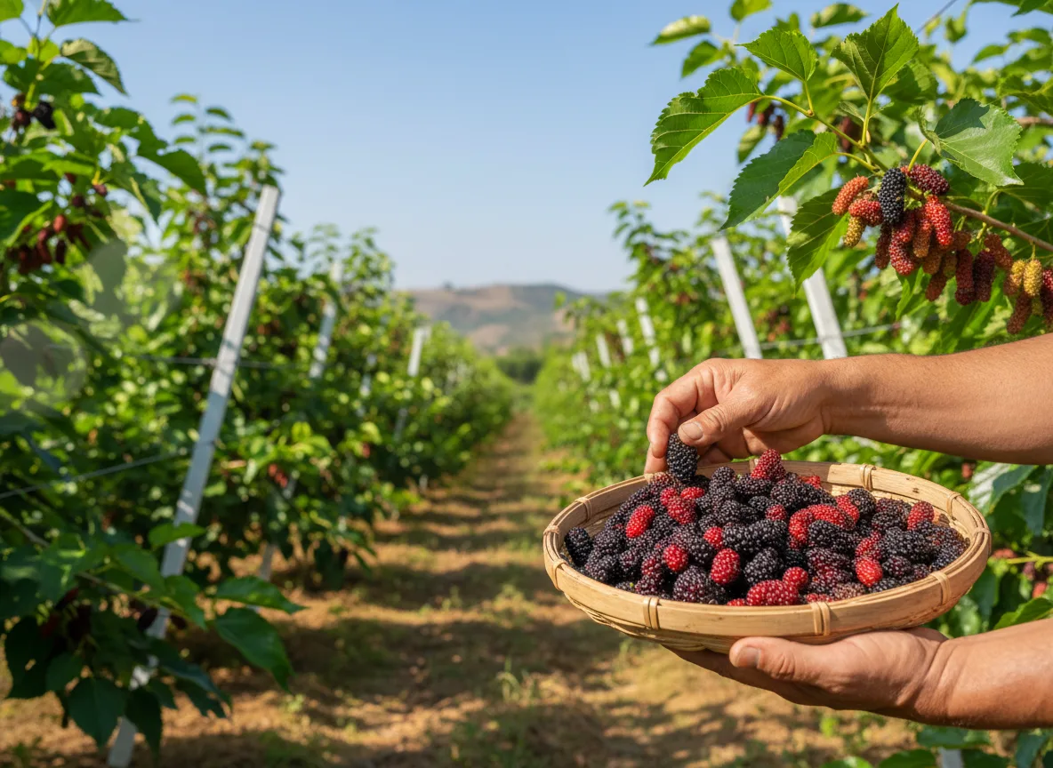A farmer in a Pune orchard carefully harvesting ripe, long Shahtoot mulberries from a trellis-trained tree.