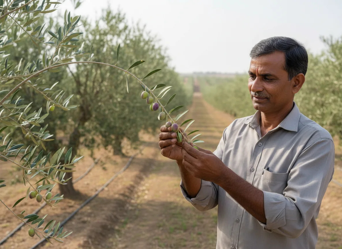 A farmer inspects ripening olives on a tree in his orchard in Haryana, which uses a drip irrigation system.