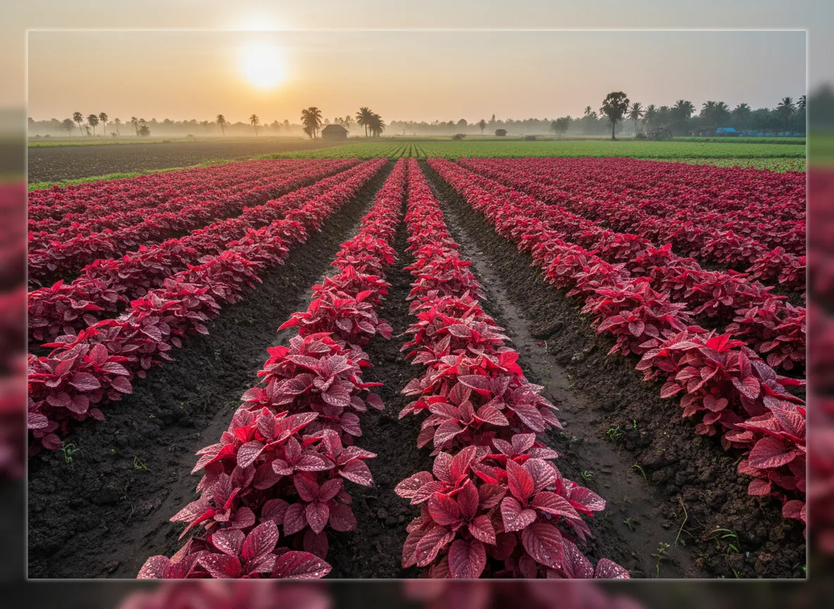 Vibrant red amaranth (chaulai) plants growing in neat rows in a field in Tanjore at sunrise.