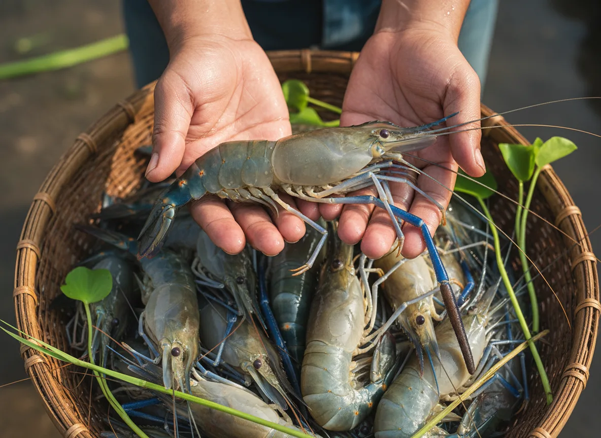 A farmer holding a large, freshly harvested Giant Freshwater Prawn (Scampi) over a basket full of the catch in South Karnataka.