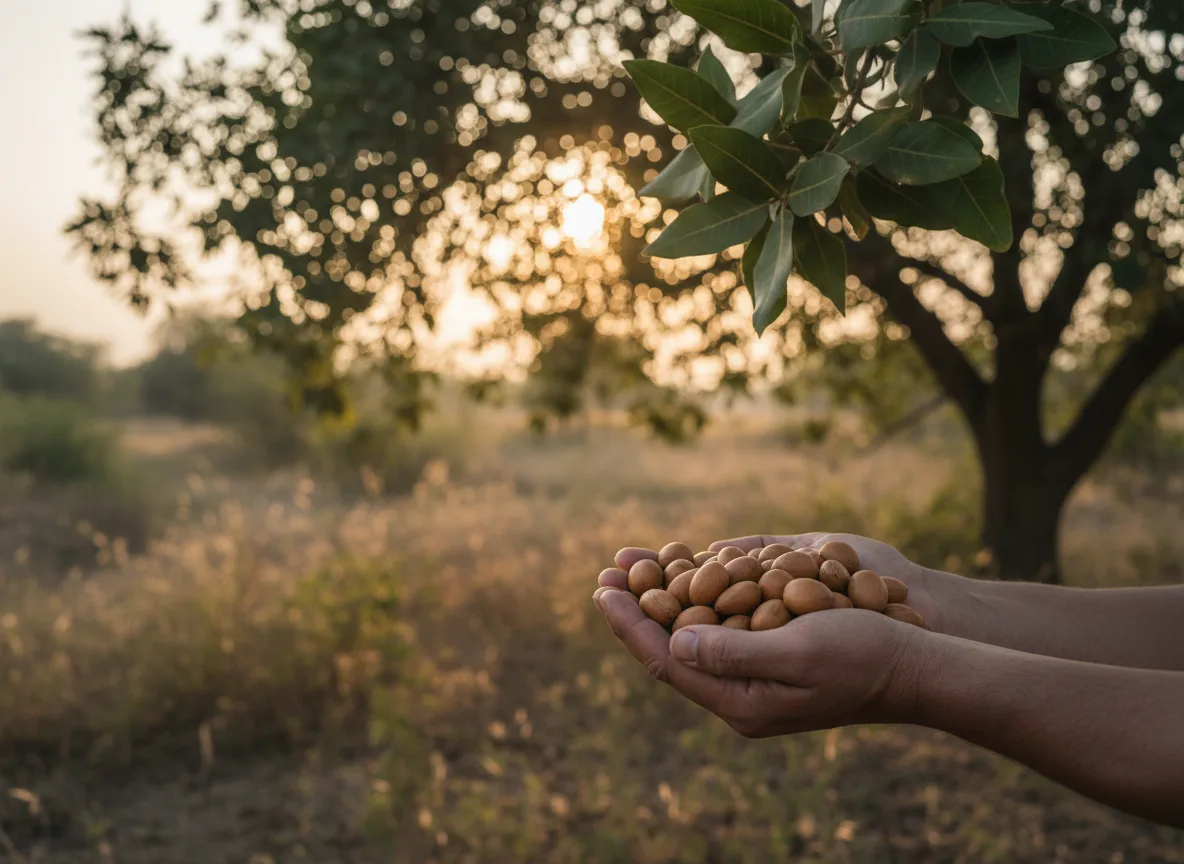 A farmer's hands holding a handful of harvested shea nuts in front of a mature shea tree in Ahmednagar.