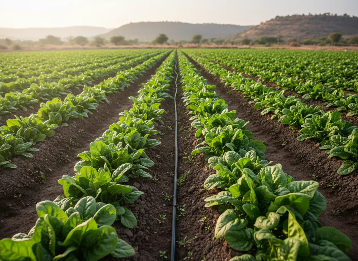 Lush green spinach (Palak) crop growing in well-managed raised beds with drip irrigation in Rayalaseema.