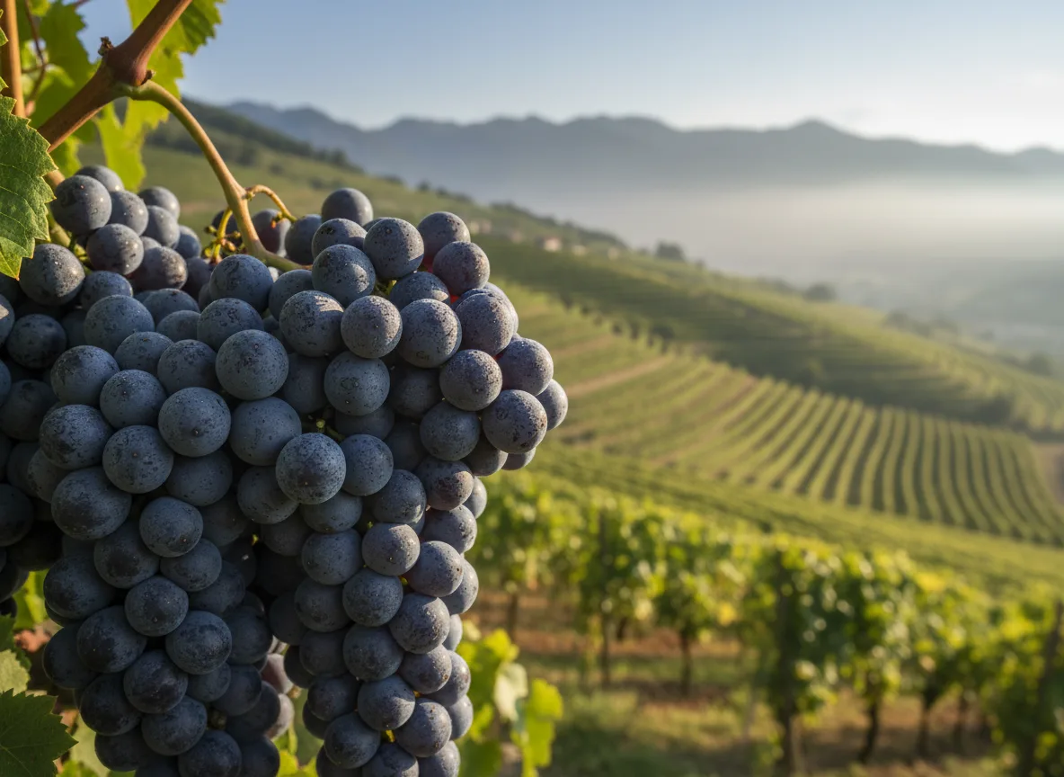 A healthy bunch of purple wine grapes on the vine in a terraced vineyard in the hills of Arunachal Pradesh.
