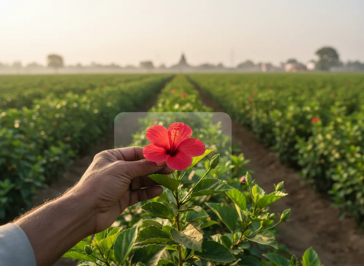 A farmer in India carefully harvesting a deep red hibiscus flower from a healthy plant, ready for the Varanasi flower market.